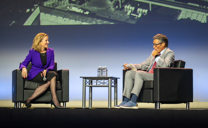 Jocelyn Benson, Michigan's secretary of state and the Democratic candidate for governor, shares the stage with moderator Jason Colthorp at the Detroit Economic Club on September 16, 2026.