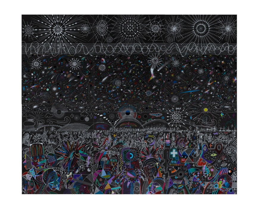 A contemporary piece featuring colorful line art on a black background