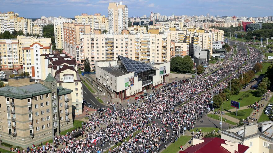 Opposition supporters protest against authoritarian leader Alexander Lukashenko in Minsk on Sunday.