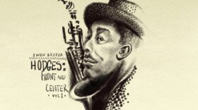 A charcoal drawing of a man and a saxophone. 