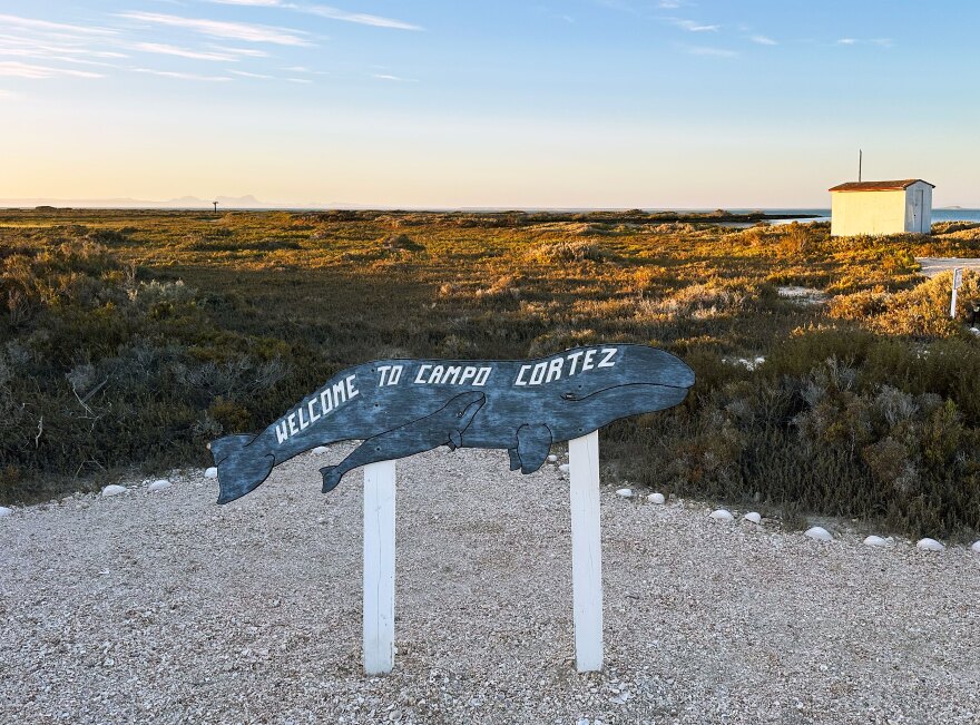 A whale shaped sign reads "Welcome to Campo Cortez" in a landscape of white gravel and dark green brush.