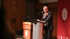 Oklahoma State Regents of Higher Education Chancellor Sean Burrage explains the numbers behind the regent’s FY2026 budget request during a brief presentation to area lawmakers, Dec. 17, 2024, at the OU Health Sciences Oklahoma City Campus.