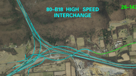 An aerial map of PennDOT's project to connect I-80 and I-99 in Bellefonte. The project will add a high-speed on ramp to cut down on congestion at the intersection.