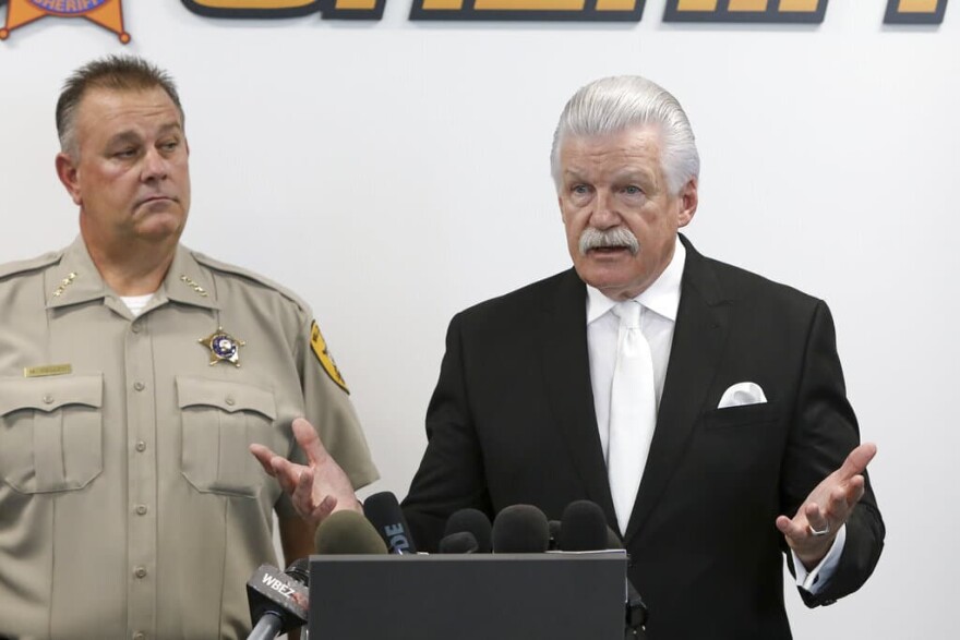 Will County State’s Attorney James Glasgow, right, speaks at a news conference accompanied by Will County Sheriff Mike Kelley, Thursday, Sept. 19, 2019, in Joliet, Ill.