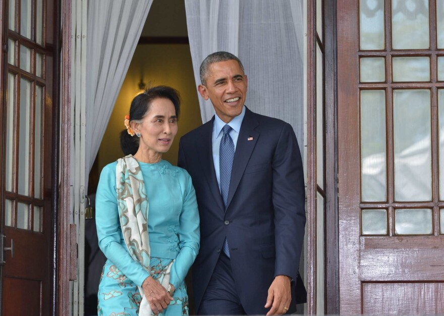 President Obama meets with Myanmar's Aung San Suu Kyi in Yangon, Myanmar, in 2014. Suu Kyi was the opposition leader at the time. She effectively became the country's leader this year, marking an end to more than a half-century of military rule.