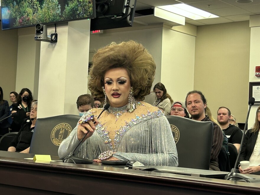 Drag queen Poly Tics testified before a Senate committee Thursday against a measure that would restrict drag performances.