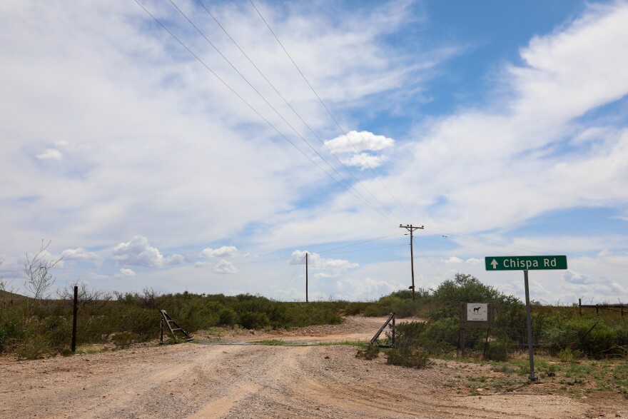 The entrance to Chispa Road in Jeff Davis County in June 2026.