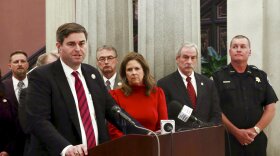 South Carolina House Speaker Murrell Smith speaks at a press conference in Columbia, S.C., on Wednesday, March 1, 2023. The South Carolina House approved additional sentences for people charged with a violent crime and then convicted of a second violent offense while released on bond. (AP Photo/James Pollard)