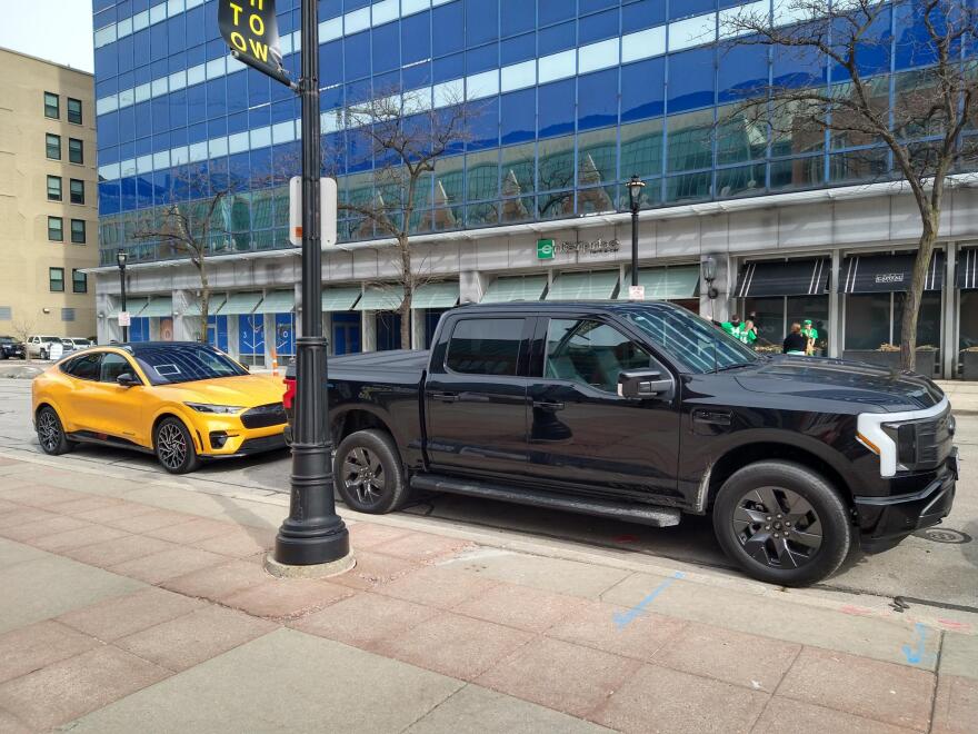 Other EV available for test drives at the Milwaukee Auto Show included a "cyber orange" Mustang Mach-E, and a Ford F-150 pickup truck.