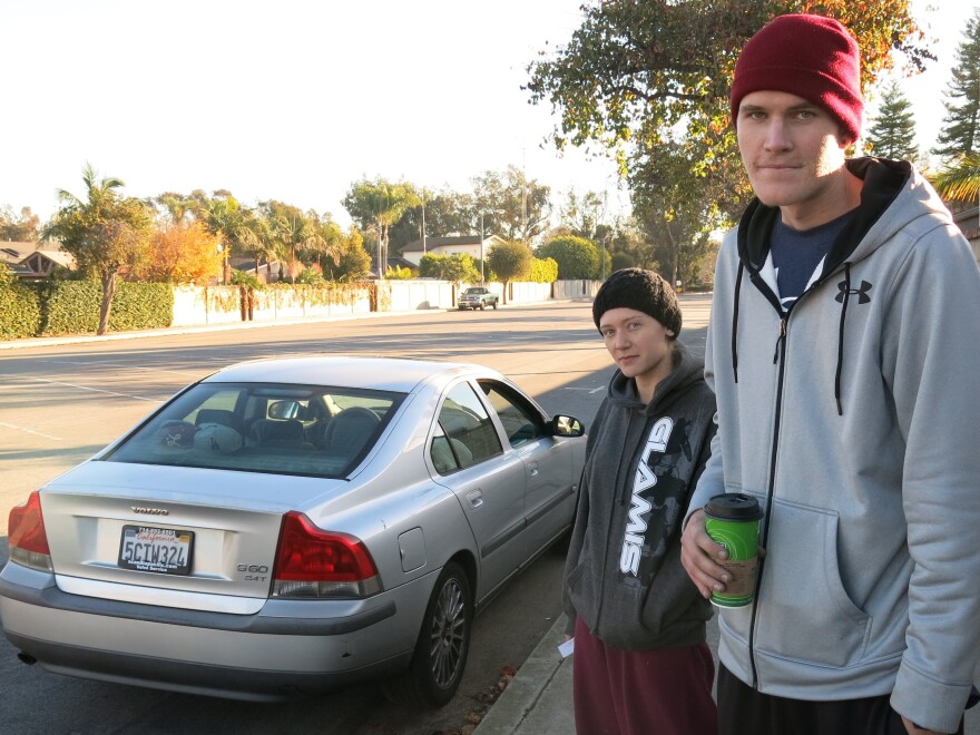 Sierra Meysami and Tov Johnson in Huntington Beach, Calif. Local police arrested them in late November for having heroin, meth and stolen property in this car. They were booked into jail, but because Prop 47 reclassified their alleged offenses as misdemeanors, police say, they were released within hours. Meysami says Prop 47 is an improvement, because jail time is "too much for drug addicts."
