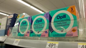 Opill one- and three-month pill packets, available on the shelves of a Walgreens in Tulsa.