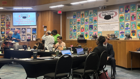 On Sept. 9, 2026, members and guests gather in the Alachua County Public Schools boardroom for a School Board workshop on the superintendent search in Gainesville, Florida.