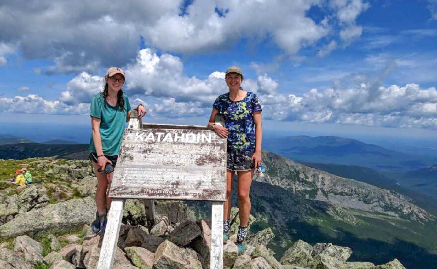 Mary Szatkowski (left) and Kristen Glennie at the summit of Mount Katahdin in Maine's Baxter State Park, the northern terminus of the Appalachian Trail. The women completed their hike on July 4.