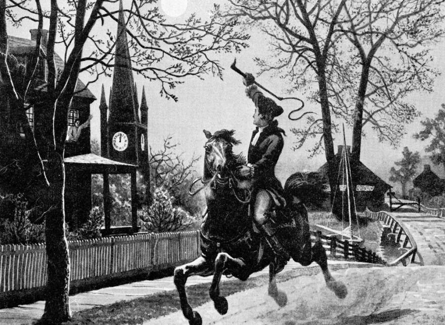 Illustration of Paul Revere on horse riding fast down a road, raising his whip, and looking at a clock t ower