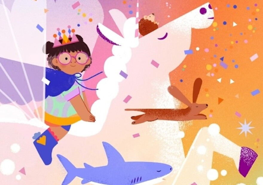 A colorful illustration of a child with brown hair and pink round glasses, wearing a cape and a crown and riding a unicorn and surrounded by a flying shark, rabbit and hedgehog. They are surrounded by bright colors and confettis. 