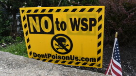 A yard sign in Logansport against the zinc oxide manufacturing plant, owned by Waelz Sustainable Products.