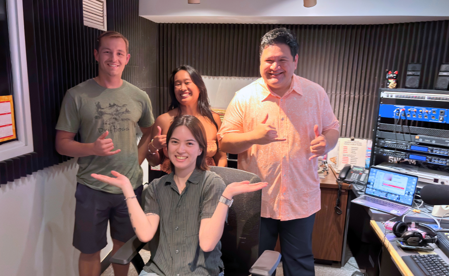 Contestants (left to right) Aksel Sloan, Kristiana Kiana Villanueva and Michael-Thomas Foumai played "Musical Matchmaker" to win a romantic station tour with HPR's Krystal Spear.