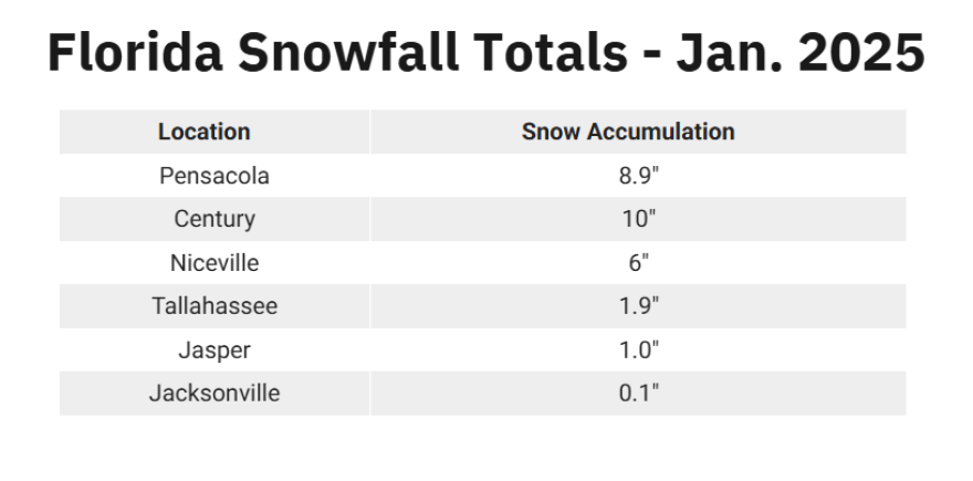 Florida snowfall totals from January 2025.