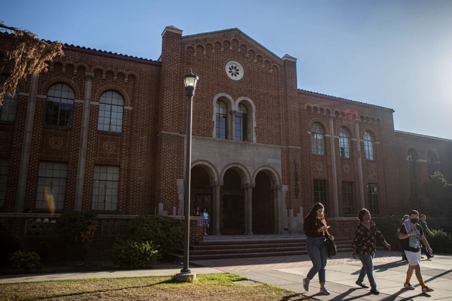 Students leaving the Fresno City College library on Oct. 3, 2022.