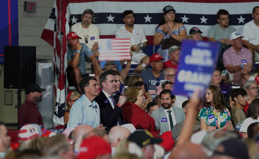 Members of Sen. Darline Graham's campaign team Kevin Bishop and Mark Knoop during a rally with thousands of supporters at the Myrtle Beach Convention Center on Aug. 21, 2026.