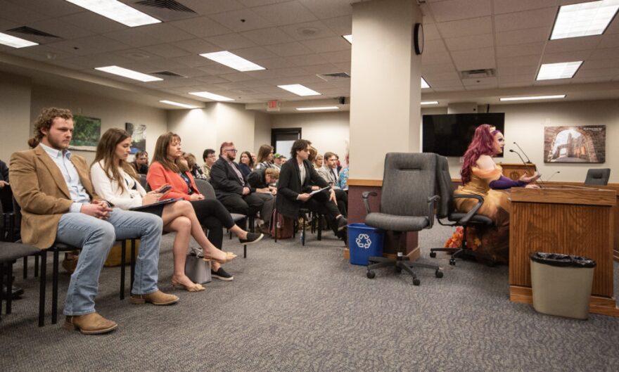 Autumn Equinox, a drag performer, tells Missouri House committee members that gender affirmation through drag has been lifesaving for her. The Special Committee on Public Policy debated restrictions on drag Wednesday afternoon (Annelise Hanshaw/Missouri Independent).