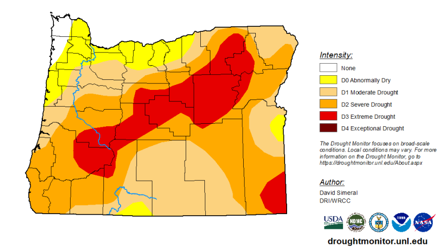 The July 28, 2026 Drought Monitor map shows dry conditions across nearly all of Oregon.