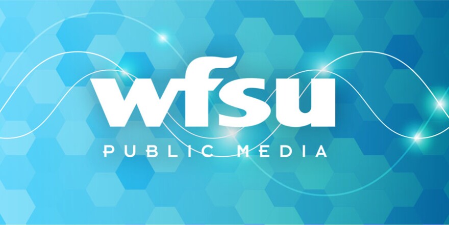 White WFSU logo on teal background