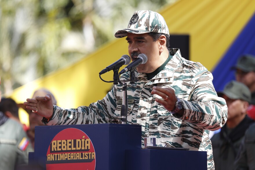 Venezuela's President Nicolas Maduro speaks during a rally marking the 22nd anniversary of the late President Hugo Chavez's return to power after a failed coup attempt, in Caracas, Venezuela, Saturday, April 13, 2024.