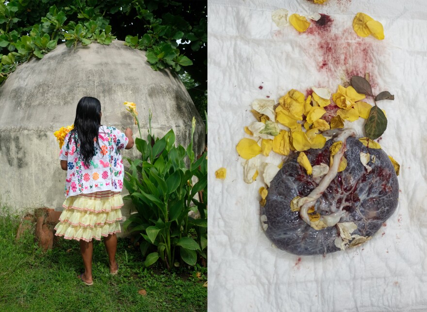 <strong>Left:</strong> Apolonia Plácido picking up flowers. <strong>Right:</strong> Flowers offered to the placenta of a newborn who was just born in the CAMI.