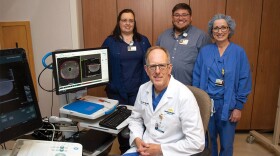 Back row, L to R, Monument Health brachytherapy team: Cheryl Achbach, RN, James McKee, physicist, and Karen Bryant, CRNA Front row: Dr. Daniel Petereit