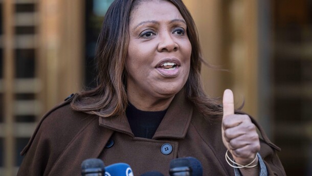 New York Attorney General Letitia James speaks during a news conference outside Manhattan federal court in this Feb. 14, 2025, file photo.