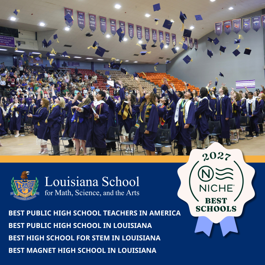 Photographed graduation with students throwing their caps and LSMSA reads in bold letters across the bottom