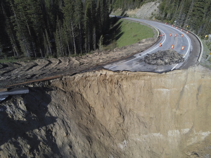 A damaged section of Teton Pass near Jackson, Wyo., on Saturday, June 8, 2024, that officials said had “catastrophically failed.”