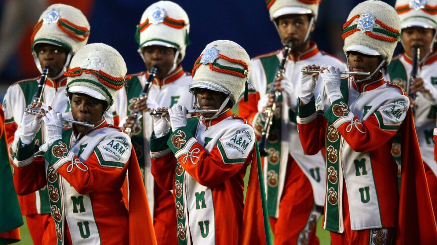 Members of the Marching 100, Florida A&M University's marching band, perform before the Super Bowl in Feb. 2010.