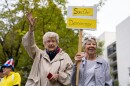 Janet Welch, left, and Joan Mitchell participate in a No Kings protest on Saturday, Oct. 18, 2025, outside the Valley Manor senior living community in Rochester.