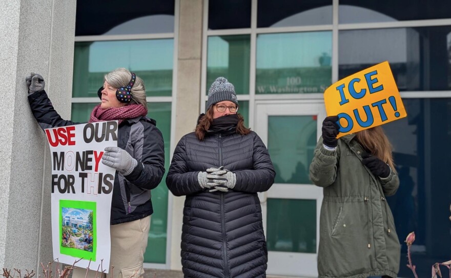 People gather in Washington County, Md on February 10, 2026 to protest allowing a facility to be used by ICE.