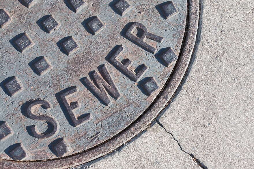 Sewer metal cap in the pavement.