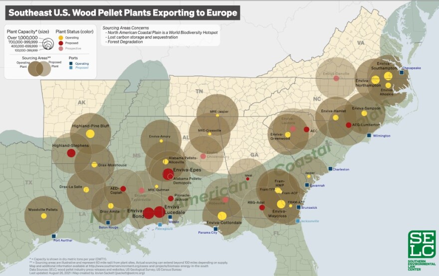 Wood pellet plants have been built across the southeastern U.S. in recent years to supply wood pellets to power plants in Europe and Asia.