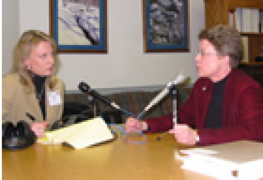 Missouri's Budget Director Linda Leubbering (right) spoke with KWMU's Hillary Wicai (left).