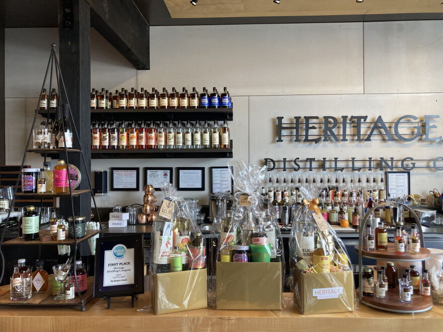 The front counter of Heritage Distilling's Eugene store.