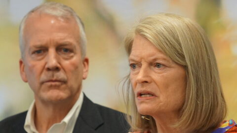 Sen. Lisa Murkowski, R-Alaska, speaks as Sen. Dan Sullivan, R-Alaska, listens at the conclusion of a May 5, 2026, roundtable on Missing and Murdered Indigenous People held at the Cook Inlet Tribal Council office in Anchorage.