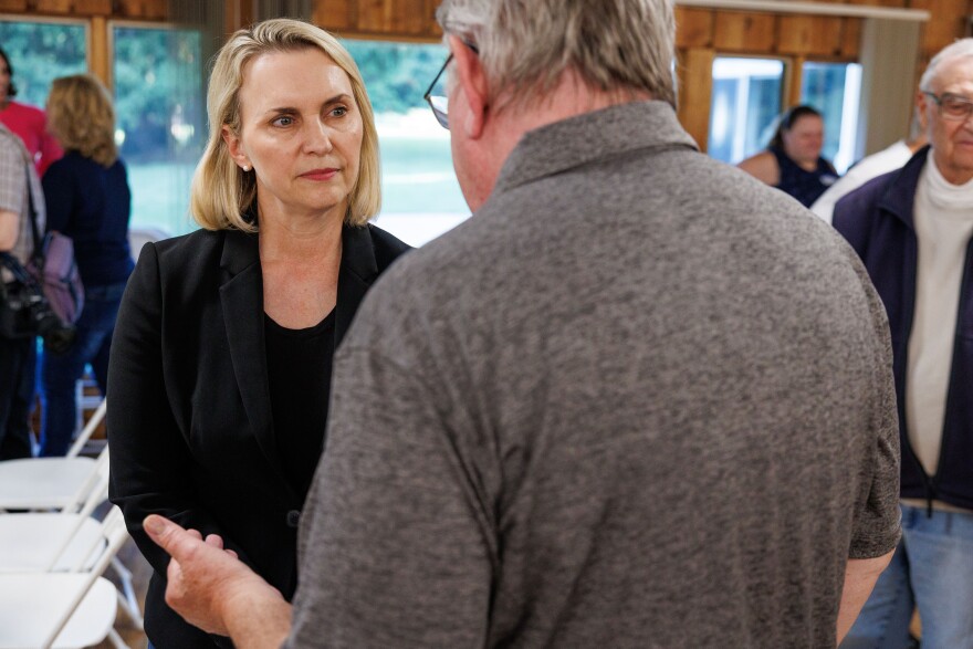 Former Ambassador to Ukraine Bridget Brink participates in a Democratic congressional candidate forum in Owosso, Mich., on June 25, 2026. Climate organizer William Lawrence and former Navy SEAL Matt Maasdam also participated in the forum for Democrats running to take on incumbent U.S. Rep. Tom Barrett, R-Charlotte, in November.