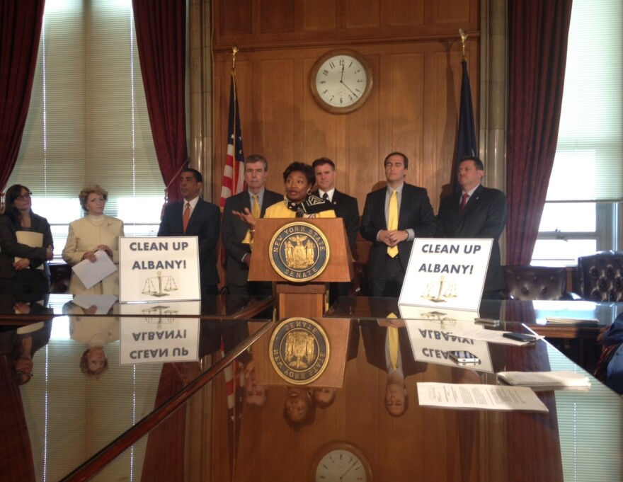 Senate Democratic Leader Andrea Stewart Cousins, Democratic colleagues and government reform advocates announce package of anti corruption bills at the state Capitol