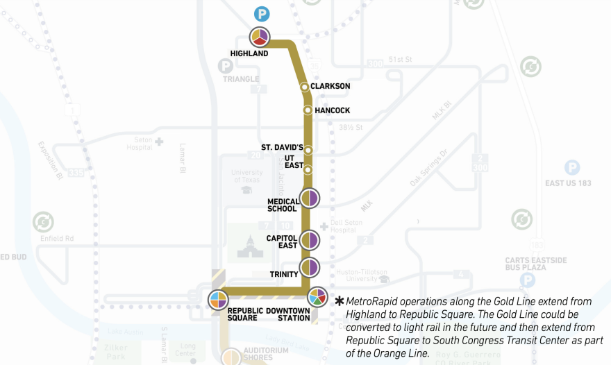 A map of CapMetro's planned Gold Line, running from ACC Highland to Republic Square. Stops include Clarkson, Hancock, St. David's, UT East, Medical School, Capitol East, Trinity and downtown station. Text on the map reads as follows: "MetroRapid operations along the Gold Line extend from Highland to Republic Square. The Gold Line could be converted to light rail in the future and then extend from Republic Square to South Congress Transit Center as part of the Orange Line."