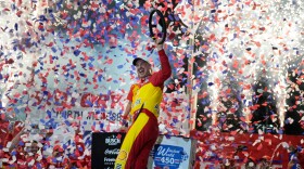 Joey Logano celebrates in Victory Lane after winning a NASCAR Cup Series auto race in North Wilkesboro, N.C., Sunday, July 19, 2026.