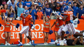 Florida wide receiver Vernell Brown (1) runs in for a touchdown during the first half of an NCAA college football game against Campbell University, Saturday, Sept. 12, 2026, in Gainesville, Fla. (Reagan Bresnahan/WRUF)