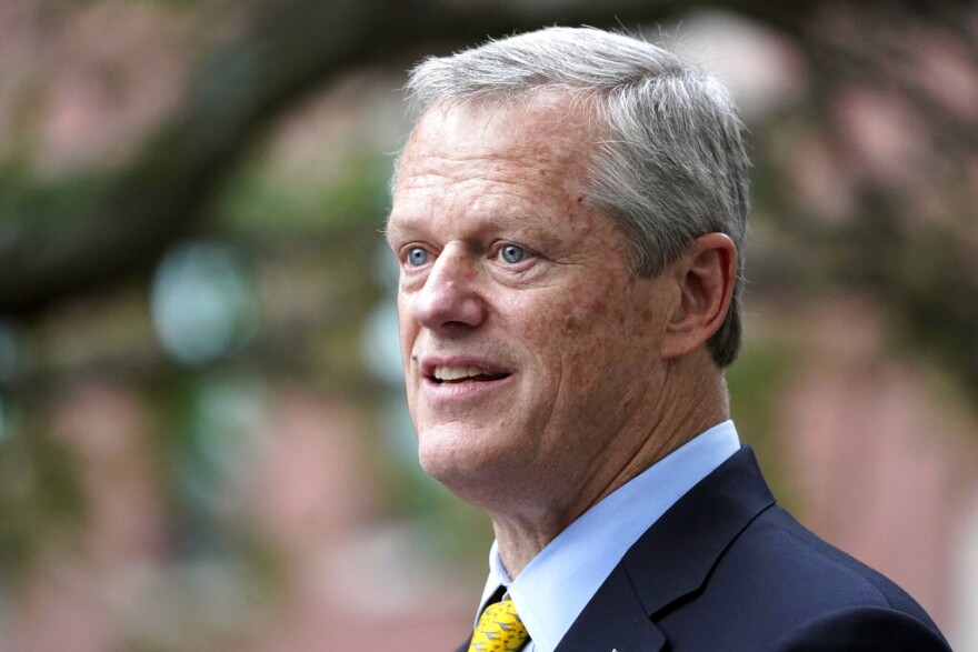 FILE - Massachusetts Gov. Charlie Baker speaks during a Juneteenth commemoration in Boston's Nubian Square, June 18, 2021. Charlie Baker will be the next president of the NCAA, replacing Mark Emmert as the head of the largest college sports governing body in the country.