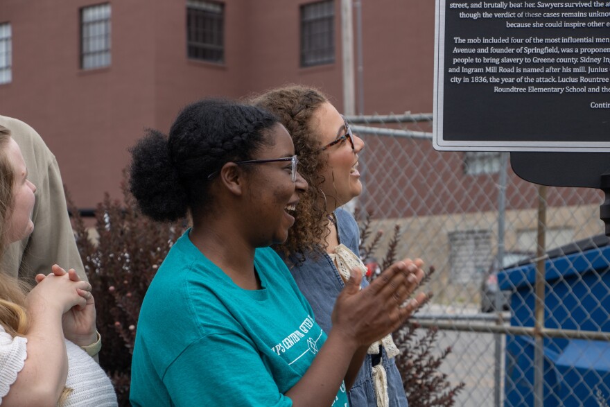 Victoria Graji and Adora Lorae at the unveiling of the marker for Milly Sawyers, part of the Springfield-Greene County African American Heritage Trail (photo taken on August 25, 2025).