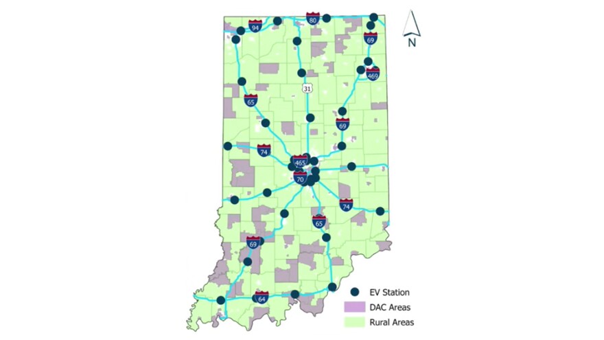 A map of INDOT's proposed sites for electric vehicle charging stations, disadvantaged communities (DAC) and rural areas in Indiana.