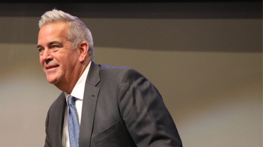 John Stewart talks after a forum for candidates running in the Hamilton Southeastern School Board race on Thursday, Oct. 10, 2024 at the City of Fishers Arts & Municipal Center Theater.